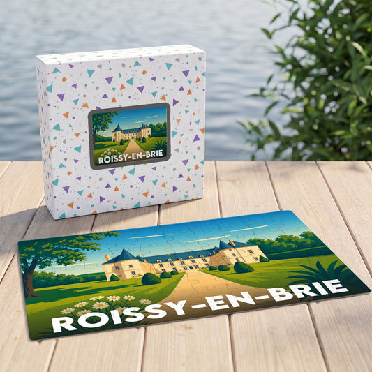 Puzzle souvenir de la ville de Roissy-en-Brie avec une illustration stylisée d'un château.