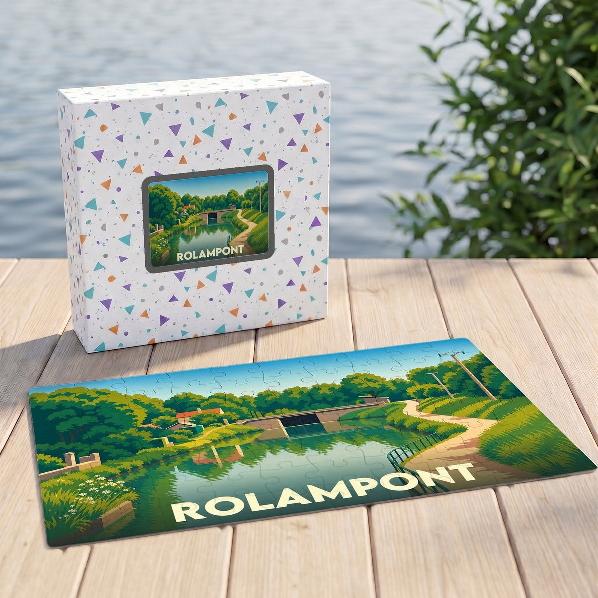 Puzzle souvenir de la ville de Rolampont avec une illustration stylisée d'un canal et son coffret assorti.