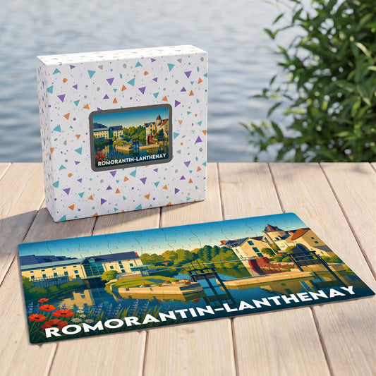 Puzzle souvenir de la ville de Romorantin-Lanthenay avec une illustration colorée et stylisée de ses bords de rivière.