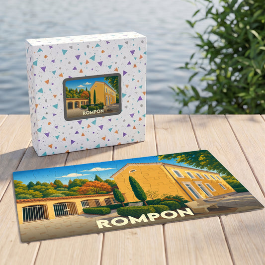 Puzzle souvenir de la ville de Rompon avec une illustration colorée et stylisée.