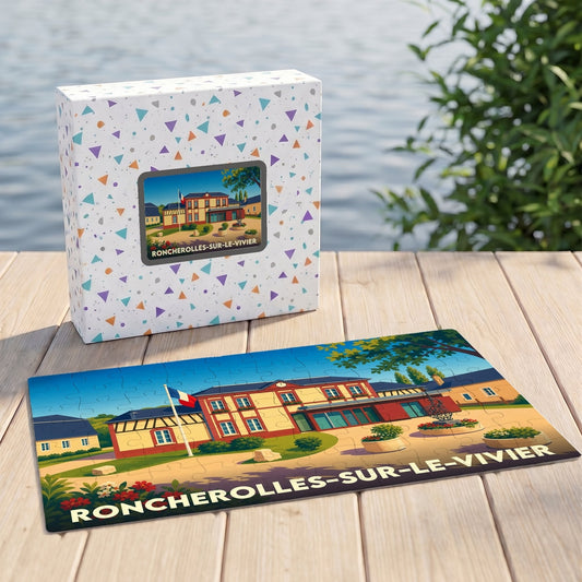 Puzzle souvenir de la ville de Roncherolles-sur-le-Vivier avec une illustration colorée de sa mairie.