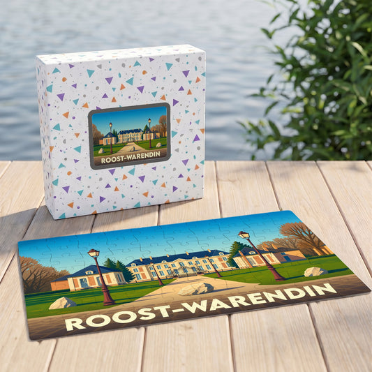 Puzzle souvenir de la ville de Roost-Warendin représentant son château avec une illustration colorée et stylisée.