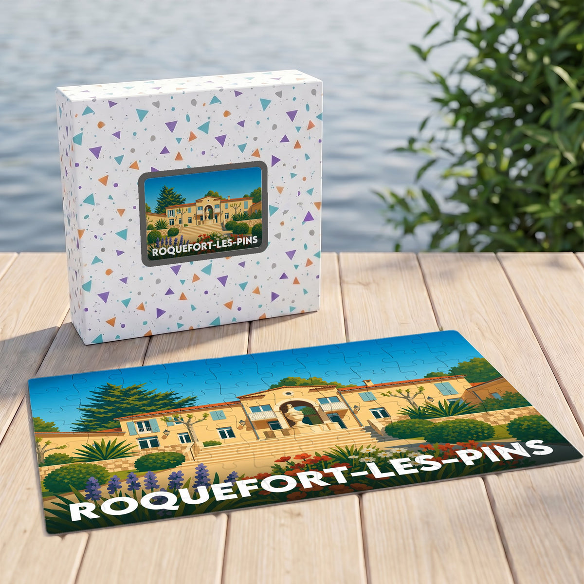 Puzzle souvenir de la ville de Roquefort-les-Pins illustré par un manoir méditerranéen stylisé.