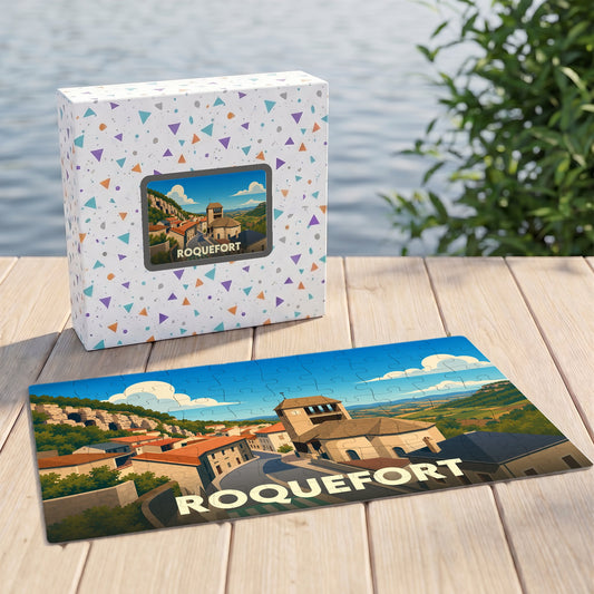 Puzzle souvenir de la ville de Roquefort présenté à côté de sa boîte illustrée sur une table en bois.