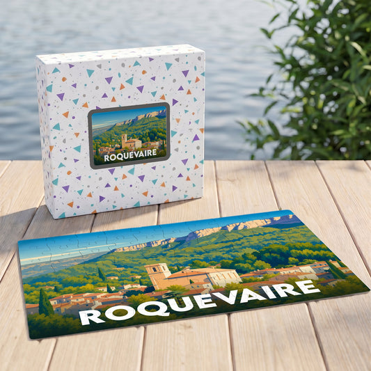 Puzzle souvenir de la ville de Roquevaire avec une illustration stylisée d'un paysage provençal.