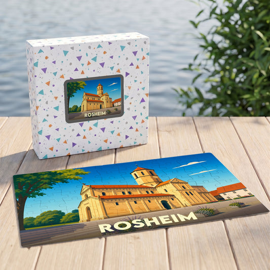 Puzzle souvenir de la ville de Rosheim avec une illustration stylisée d'un monument historique.