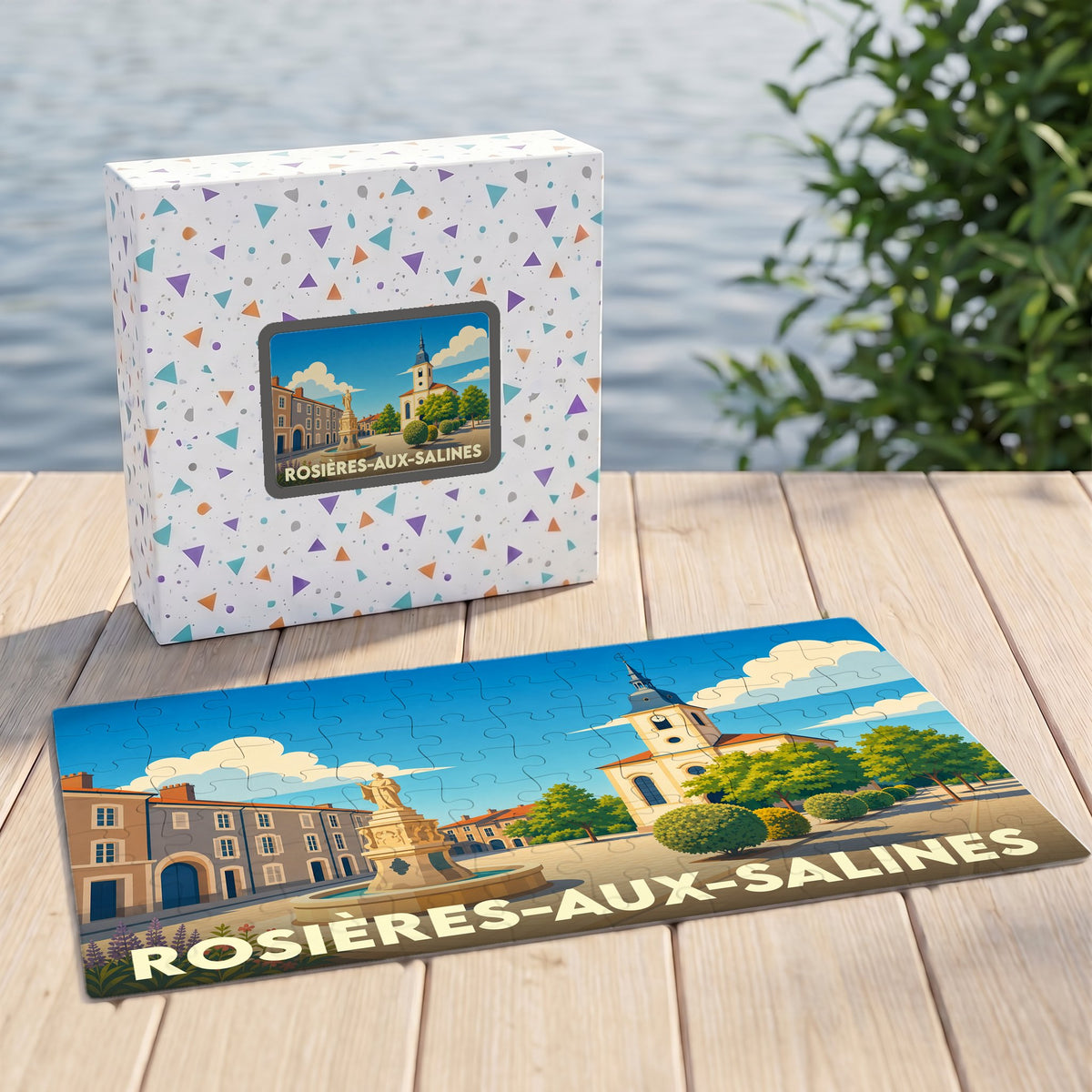 Puzzle souvenir de la ville de Rosières-aux-Salines avec une illustration stylisée et colorée.