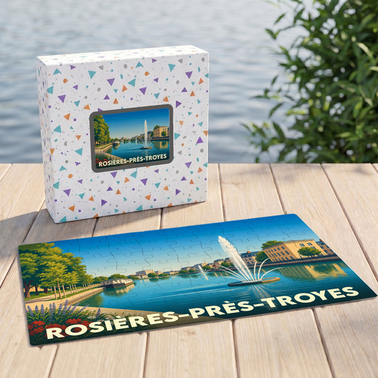 Puzzle souvenir de la ville de Rosières-près-Troyes avec une illustration stylisée d'un plan d'eau et de ses fontaines.