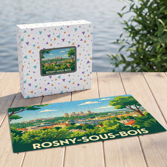 Puzzle souvenir de la ville de Rosny-sous-Bois avec une illustration panoramique stylisée.
