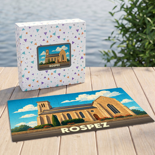Puzzle souvenir de la ville de Rospez avec une illustration stylisée de son église.