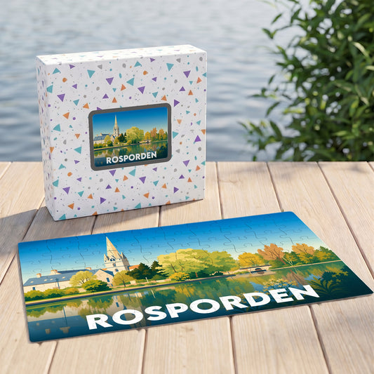 Puzzle souvenir de la ville de Rosporden avec une illustration stylisée d'un paysage lacustre.