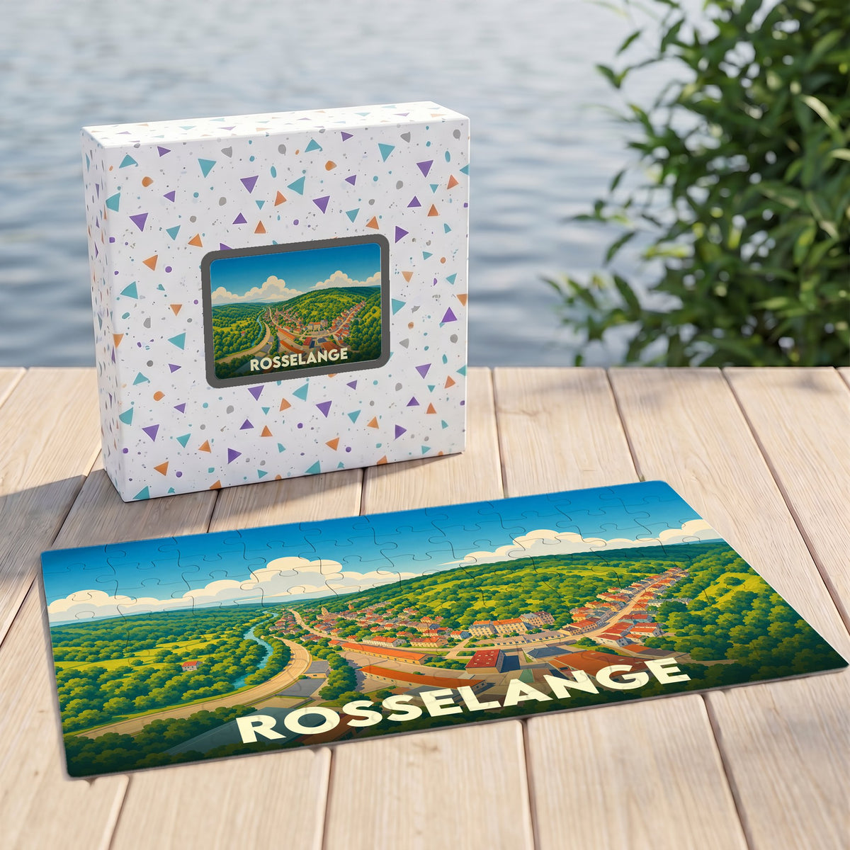 Puzzle souvenir de la ville de Rosselange avec une illustration panoramique stylisée et colorée.