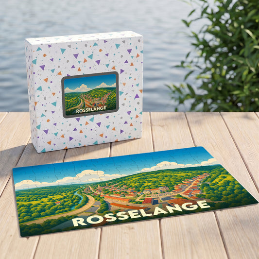 Puzzle souvenir de la ville de Rosselange avec une illustration panoramique stylisée et colorée.