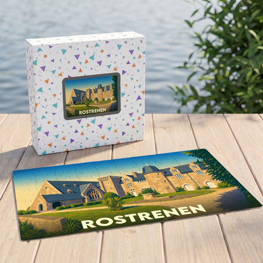 Puzzle souvenir de la ville de Rostrenen avec une illustration stylisée d'un château.