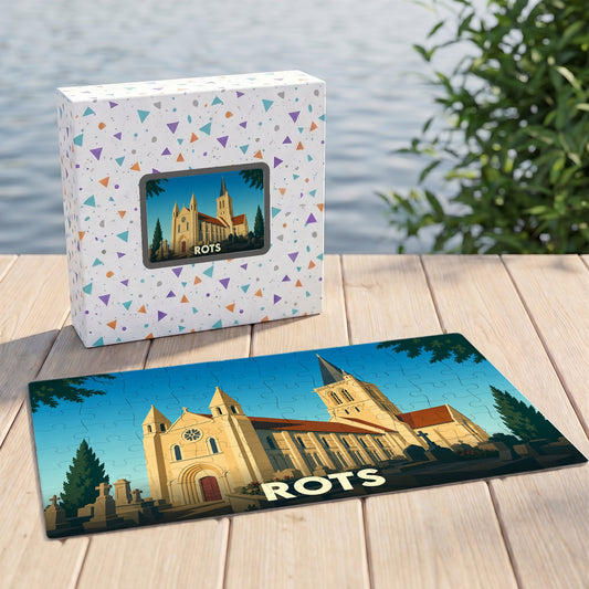 Puzzle souvenir de la ville de Rots illustrant son église dans un style graphique épuré.