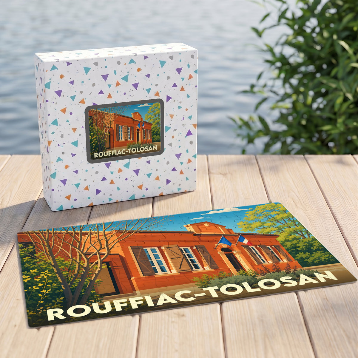 Puzzle souvenir de la ville de Rouffiac-Tolosan avec une illustration stylisée et colorée.