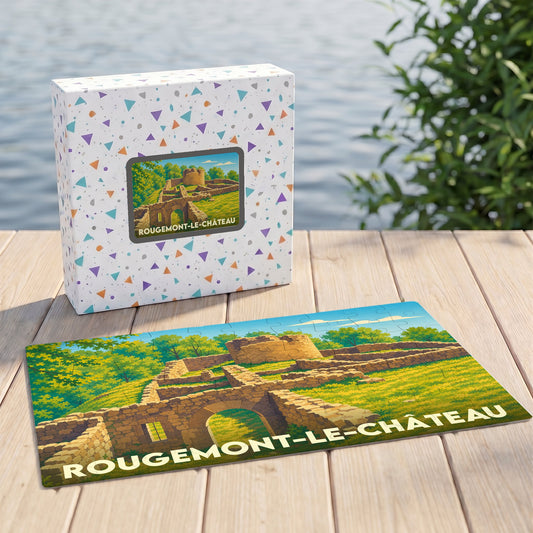 Puzzle souvenir de la commune de Rougemont-le-Château avec une illustration stylisée de ses ruines médiévales.