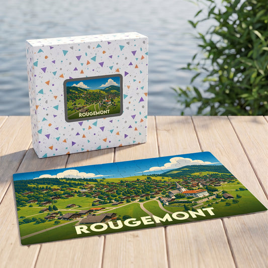 Puzzle souvenir de la ville de Rougemont avec une illustration paysagère stylisée.