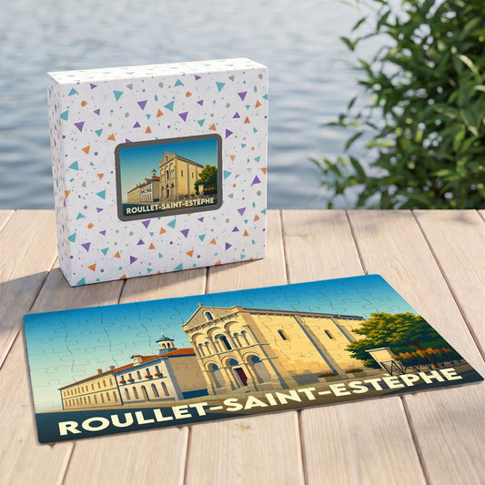 Puzzle souvenir de la ville de Roullet-Saint-Estèphe illustrant son église dans un style graphique épuré.