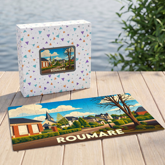 Puzzle souvenir de la ville de Roumare avec une illustration stylisée et colorée.