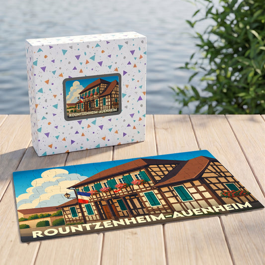 Puzzle souvenir de la ville de Rountzenheim-Auenheim avec une illustration stylisée de maison à colombages.