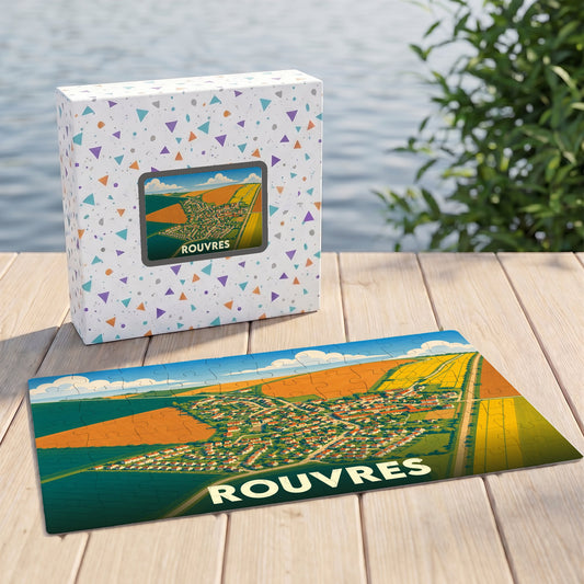 Puzzle souvenir de la ville de Rouvres avec une illustration stylisée de ses paysages et habitations.