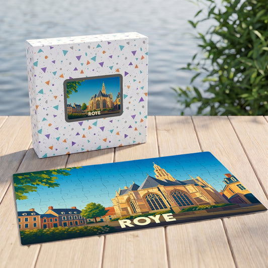 Puzzle souvenir de la ville de Roye avec une illustration stylisée de son église et de ses maisons.
