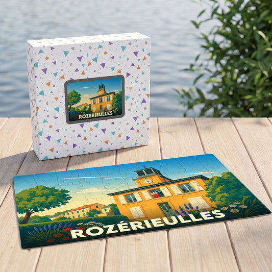 Puzzle souvenir de la ville de Rozérieulles avec une illustration colorée de sa mairie.