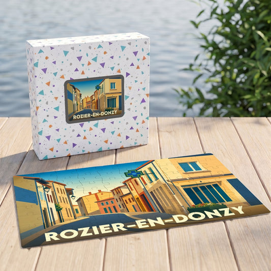 Puzzle souvenir de la ville de Rozier-en-Donzy avec une illustration stylisée et colorée de ses rues.