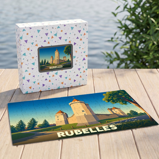Puzzle souvenir de la ville de Rubelles avec une illustration stylisée d'un château.