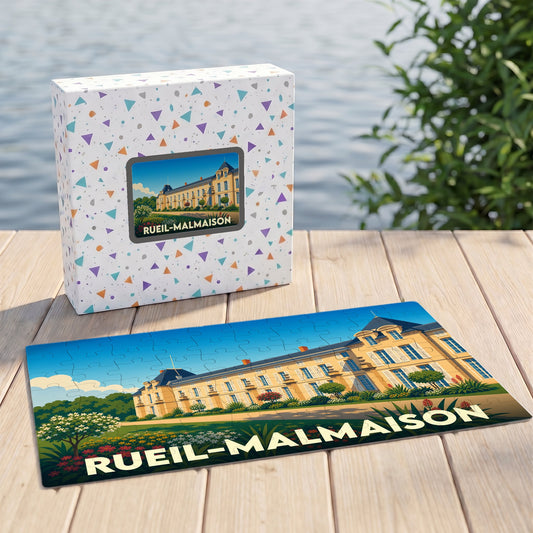 Puzzle souvenir de la ville de Rueil-Malmaison avec une illustration stylisée du château de Malmaison.