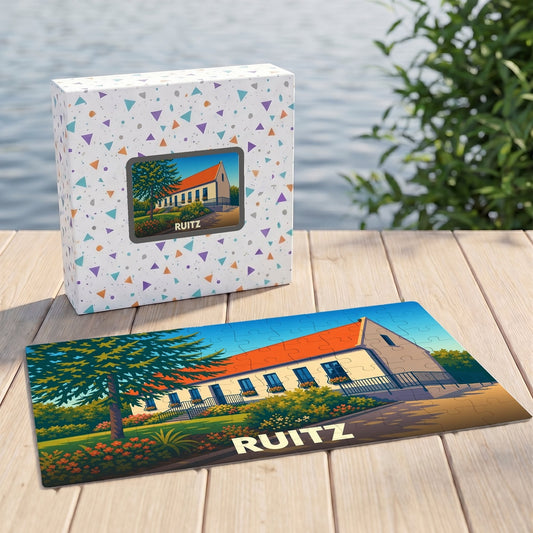 Puzzle souvenir de la ville de Ruitz avec une illustration stylisée d'un bâtiment paysager.