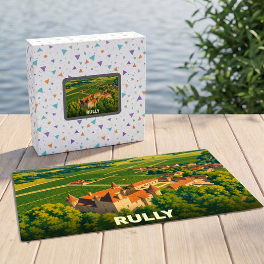 Puzzle souvenir de la ville de Rully présentant une illustration stylisée d'un château au milieu des vignes.