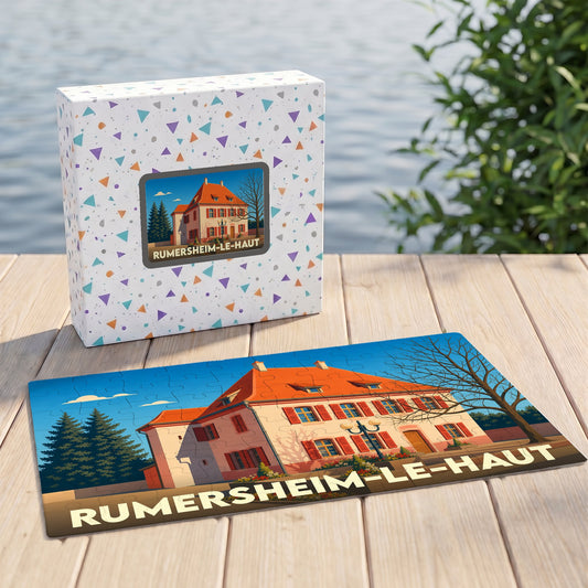 Puzzle souvenir de la ville de Rumersheim-le-Haut avec une illustration stylisée d'une grande maison traditionnelle.