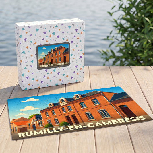 Puzzle souvenir de la ville de Rumilly-en-Cambrésis avec une illustration stylisée de bâtiments en briques.