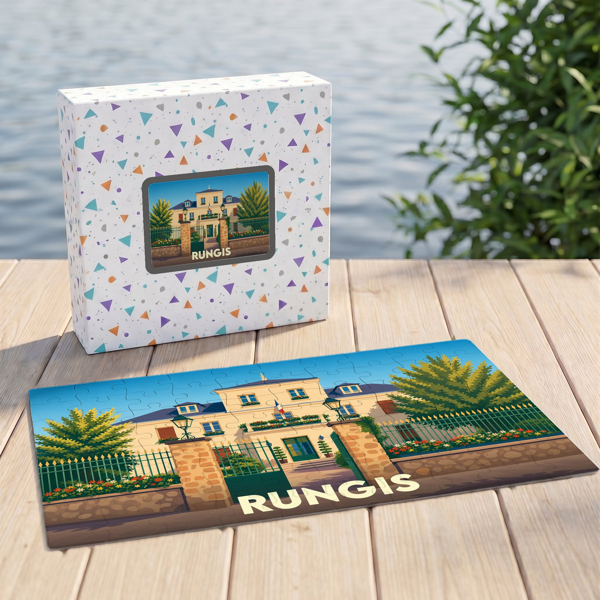 Puzzle souvenir de la ville de Rungis avec une illustration stylisée de l'hôtel de ville.