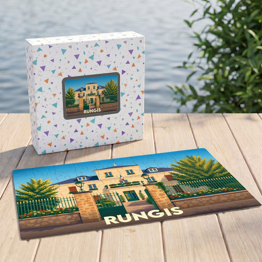 Puzzle souvenir de la ville de Rungis avec une illustration stylisée de l'hôtel de ville.