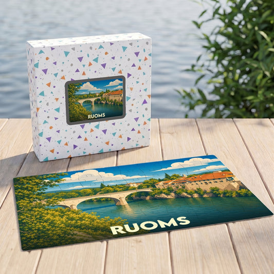 Puzzle souvenir de la ville de Ruoms avec une illustration stylisée d'un pont et de la rivière.