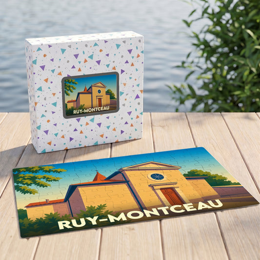 Puzzle souvenir de la ville de Ruy-Montceau avec une illustration stylisée d'une église ensoleillée.