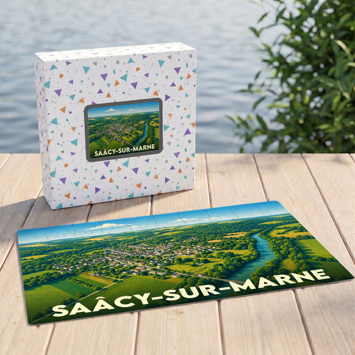 Puzzle souvenir de la ville de Saâcy-sur-Marne illustrant un paysage aérien verdoyant bordé par la rivière.