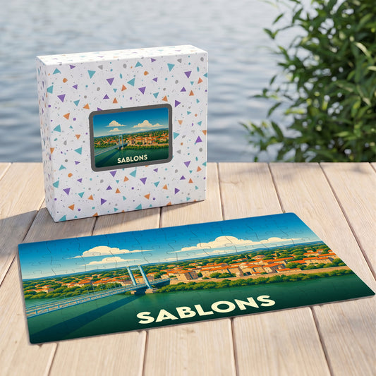 Puzzle souvenir de la ville de Sablons avec une illustration stylisée d'un pont et de son paysage urbain.