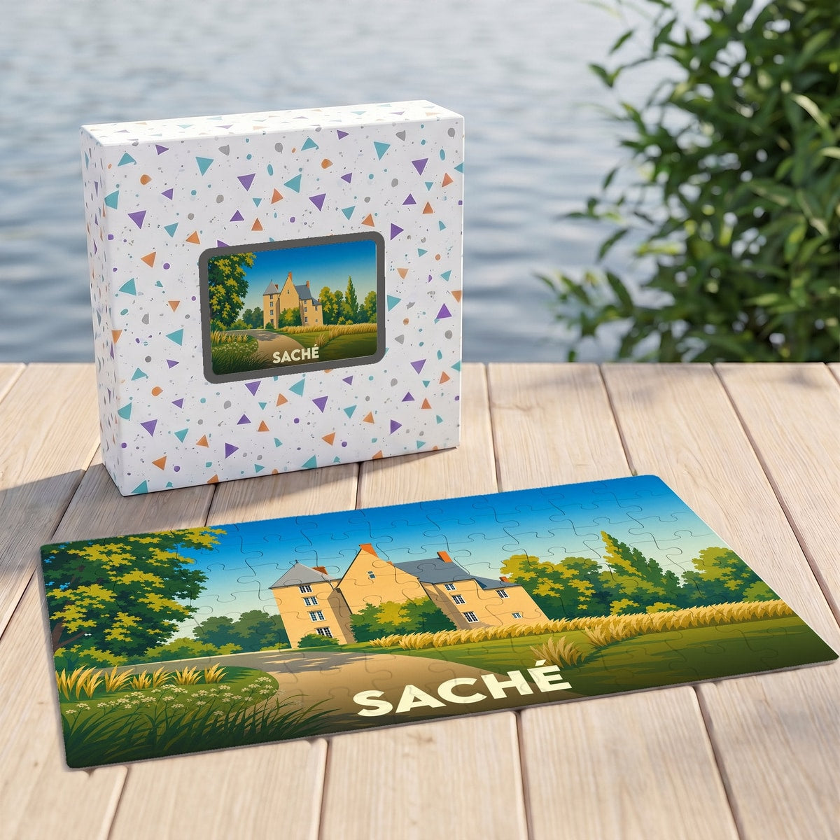 Puzzle souvenir de la ville de Saché avec une illustration stylisée d'un manoir champêtre.
