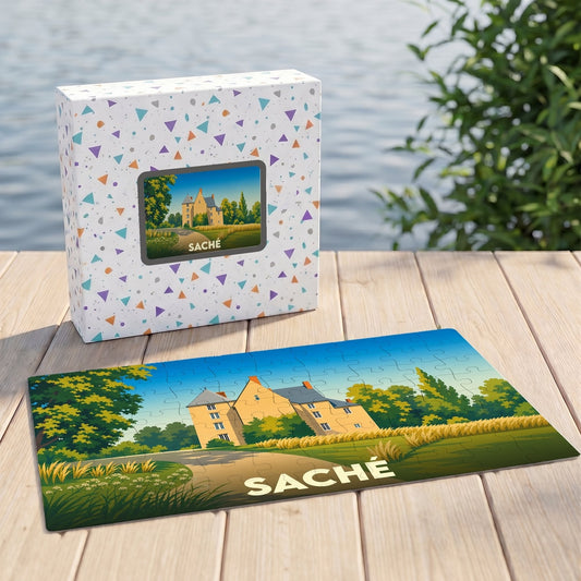 Puzzle souvenir de la ville de Saché avec une illustration stylisée d'un manoir champêtre.