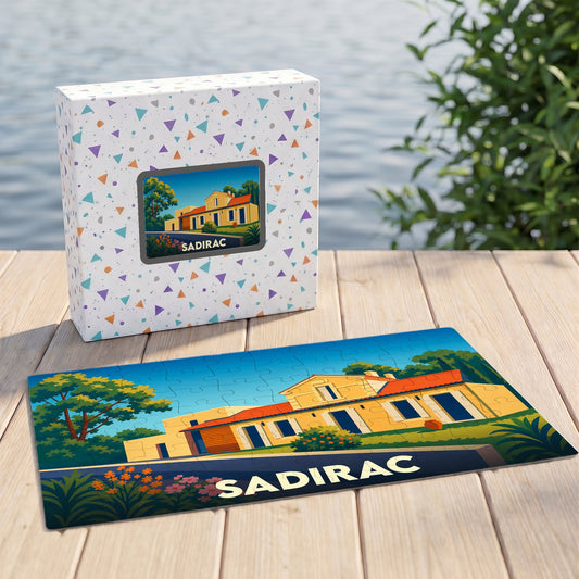 Puzzle souvenir de la ville de Sadirac illustrant une maison typique dans un style coloré et épuré.
