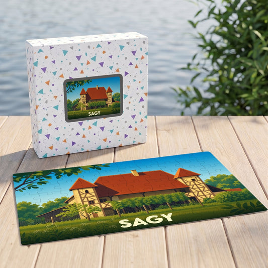 Puzzle souvenir de la ville de Sagy avec une illustration stylisée d'un bâtiment traditionnel.