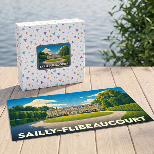 Puzzle souvenir de la ville de Sailly-Flibeaucourt illustré par un manoir entouré de verdure.