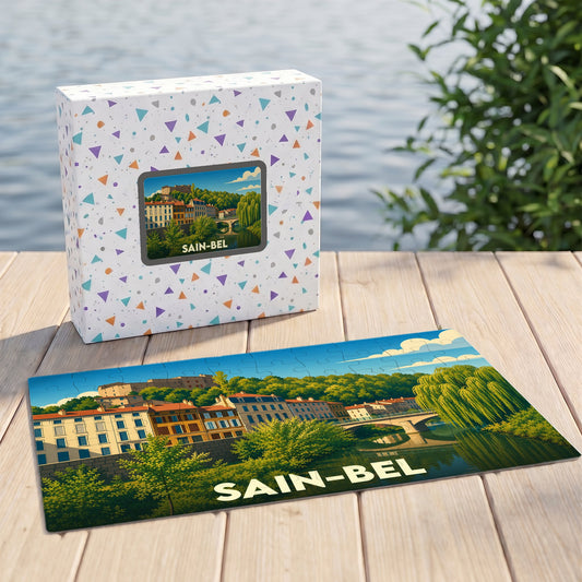 Puzzle souvenir de la ville de Sain-Bel avec une illustration stylisée et colorée.