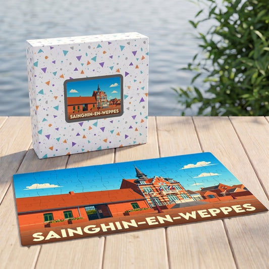 Puzzle souvenir de la ville de Sainghin-en-Weppes avec une illustration stylisée de sa mairie.
