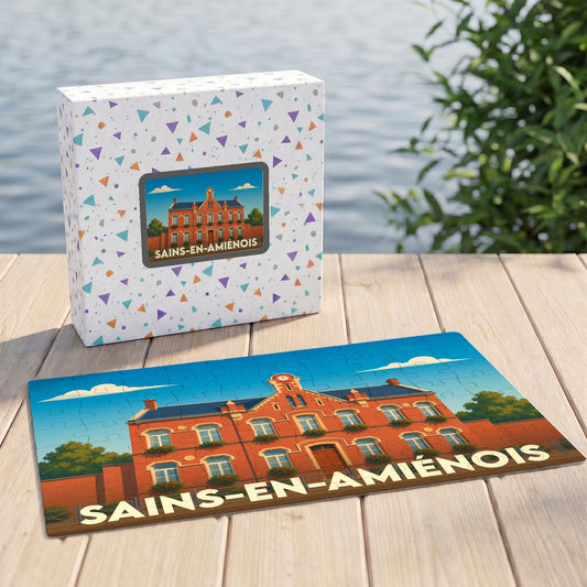 Puzzle souvenir de la ville de Sains-en-Amiénois avec une illustration stylisée de son hôtel de ville.