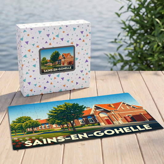 Puzzle souvenir de la ville de Sains-en-Gohelle avec une illustration stylisée et sa boîte assortie.